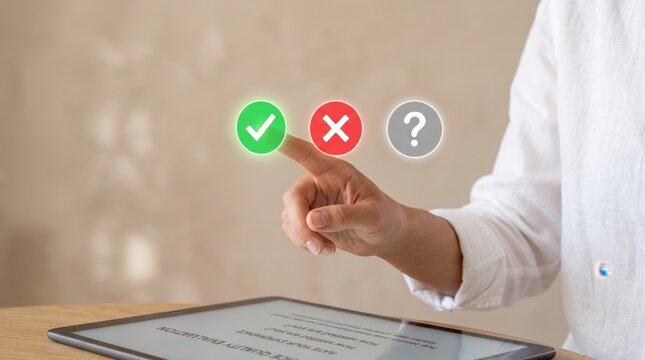 Business person hand selecting green check mark icon on virtual screen interface representing correct choice decision making process technology for quiz test or approval validation