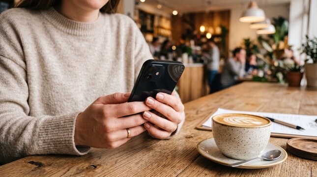 Young woman using smartphone in cozy cafe, holding black mobile phone with latte art coffee cup on wooden table, relaxing lifestyle, digital communication, social media browsing
