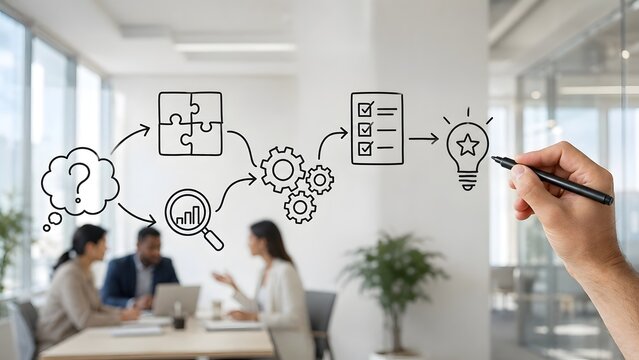 Hand drawing business strategy process flowchart on glass board during corporate team brainstorming meeting