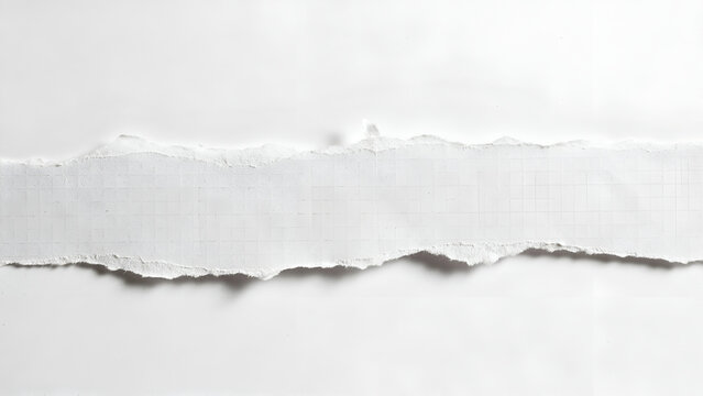 A horizontal strip of torn white grid paper with rough edges isolated on white background