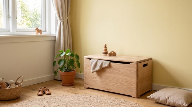 Cozy nursery room interior featuring natural wood toy storage chest box with minimalist wooden toys on top, potted plant and woven basket on floor near window with beige curtains