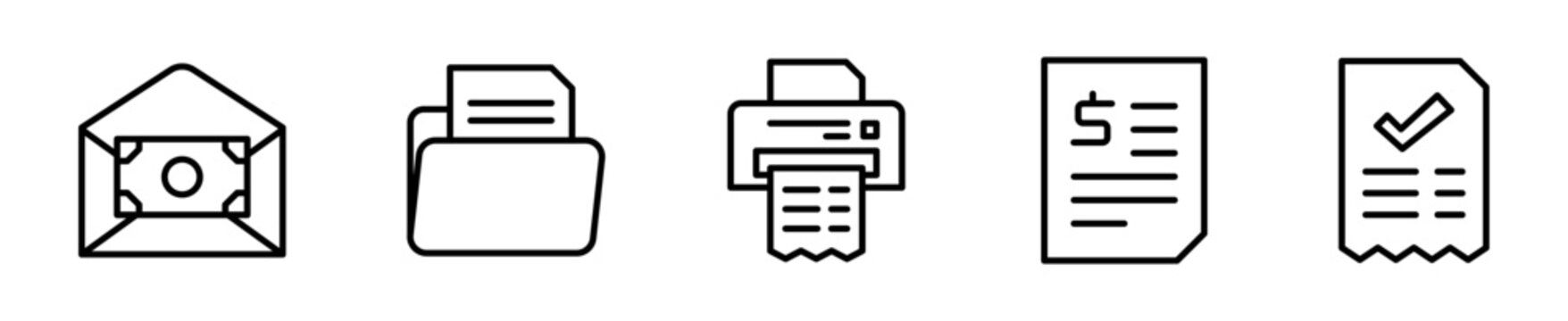 Set de 5 iconos de factura y recibo. Sobre con dinero, carpeta de facturas, impresora de recibos, factura y recibo. Vector outline