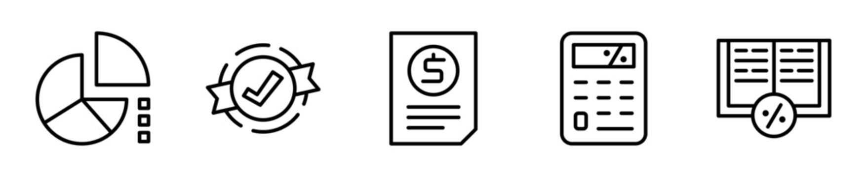 Set de 5 iconos de impuestos y contabilidad. Gr&aacute;fico de pastel, sello de impuestos, formulario de impuestos, calculadora y libro contable. Vector outline