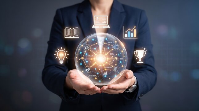 Businesswoman holding glowing holographic sphere containing artificial intelligence brain icon and strategy symbols like lightbulb chart trophy, representing future technology