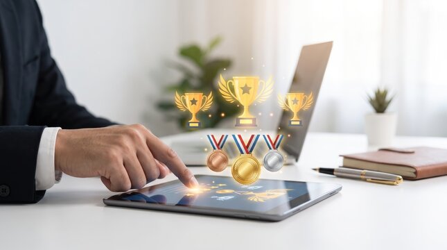 Businessman hand touching tablet screen displaying holographic gold trophies and medals, success achievement, winning strategy, corporate reward system, digital innovation