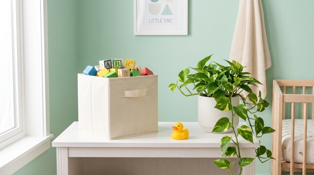 Nursery room organization, white fabric storage box filled with colorful wooden alphabet blocks, green pothos plant on changing table, yellow rubber duck toy, mint green wall