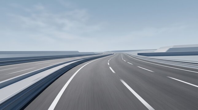 Empty wide asphalt highway road stretching into horizon with white lane markings and guardrails, smooth transportation infrastructure, illustration of fast travel route