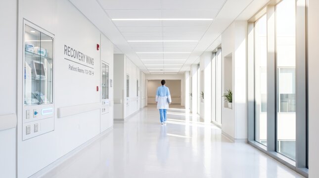 Doctor walking down bright white corridor in hospital recovery wing, medical professional in coat heading towards patient rooms, clean healthcare facility interior