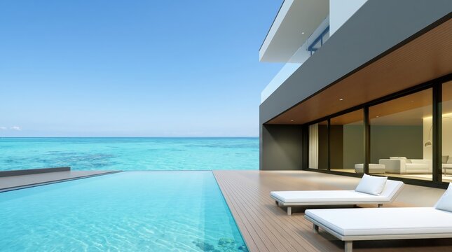 Luxury modern villa exterior with infinity pool overlooking turquoise ocean sea view, summer vacation resort architecture with sunbeds on wooden deck, tropical paradise holiday