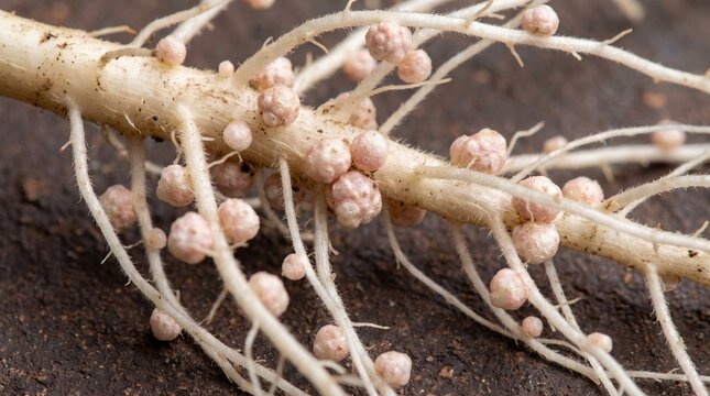 Close up of nitrogen fixing root nodules on soybean plant