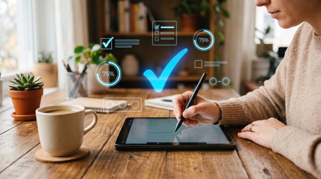 Woman using stylus on tablet with holographic checklist and progress bars, productivity, task management, digital planning, remote work lifestyle, cozy home office, coffee mug