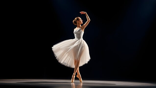 Graceful ballerina in white tutu dancing on stage under dramatic spotlight