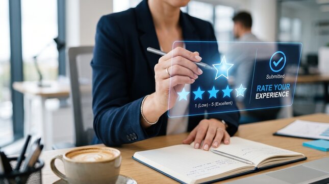 Business woman rating customer experience on futuristic hologram interface, five star review feedback system, satisfaction survey, digital user interaction technology