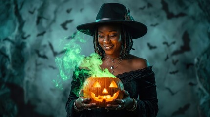 Obraz premium A smiling Black woman wearing a black witch hat holds a glowing jack-o'-lantern. Black woman posing with green smoke rising from an orange pumpkin against a spooky background with bats.