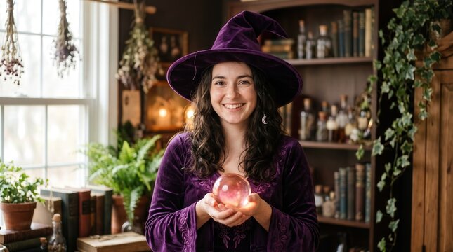 Smiling young witch wearing a purple hat and velvet robe holds a glowing crystal ball in a rustic room. Witch performs divination magic in a mystical study filled with books and potion jars.