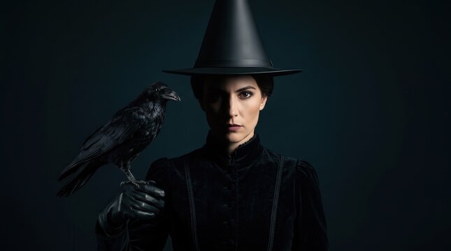 Mysterious witch wearing a pointed black hat and velvet dress poses with a black raven on her gloved hand. Witch holding a crow for a gothic fantasy portrait or spooky Halloween editorial.