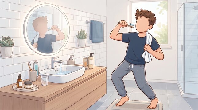 Faceless cartoon man completing a morning bathroom routine with toothbrush and towel, combining dental care, face washing and personal hygiene