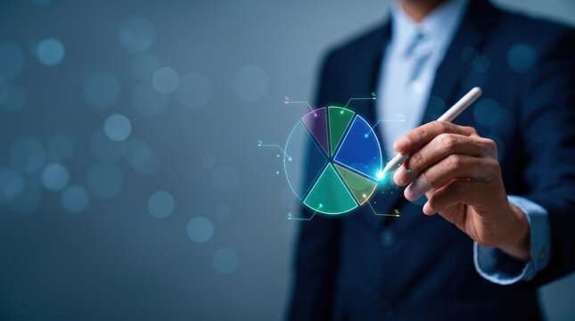 Businessman interacting with futuristic holographic pie chart interface, advanced data visualization technology, digital transformation in corporate sector, virtual reality