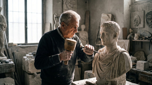 Sculptor carving a classical stone statue in workshop