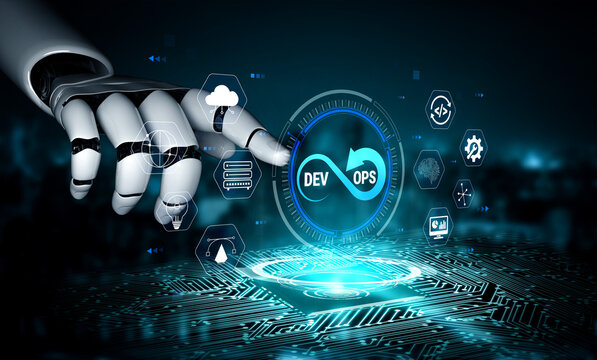 Futuristic robotic hand interacting with digital interface displaying DevOps technology concepts and tools, representing innovation and automation in software development Quark.