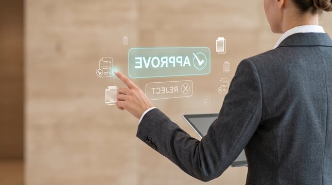Businesswoman touching virtual approve button on futuristic interface, digital transformation, corporate executive making decision, technology innovation, workflow management