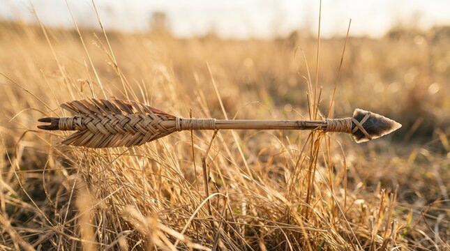 Ancient Arrow Resting in Dry Grass Field.