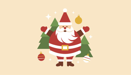 Naklejka premium Cute cartoon character of Santa Claus standing with open arms next to green pine trees on a warm beige backdrop.