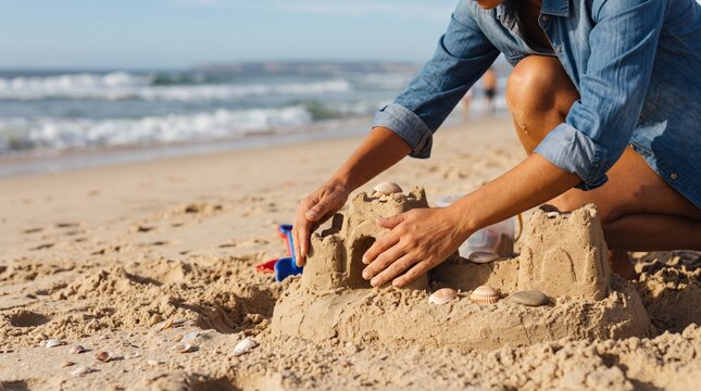 Woman building sandcastle on sunny beach during summer vacation, hands shaping sand with seashells decoration, ocean waves in background, relaxation and travel lifestyle concept