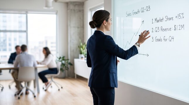 Professional woman presenting sales growth strategy on whiteboard during team meeting, pointing at rising graph and revenue goals, corporate training session, business leadership