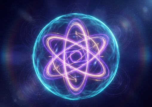 Atom model scientific visualization featuring glowing neon purple orbits contained inside a luminous cyan energy sphere against a dark abstract space background with subtle geometric patterns
