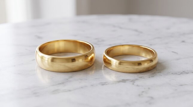 Two elegant gold wedding rings resting on white marble surface, symbolizing eternal love and commitment, marriage ceremony jewelry, engagement band, minimalist luxury style