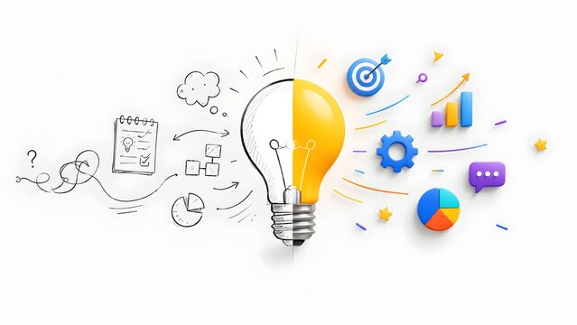 Split screen showing hand drawn sketch transforming into 3D glowing lightbulb with business strategy icons