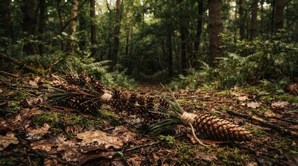 Obraz premium Dense Forest Floor with Pine Cones and Fallen Leaves.