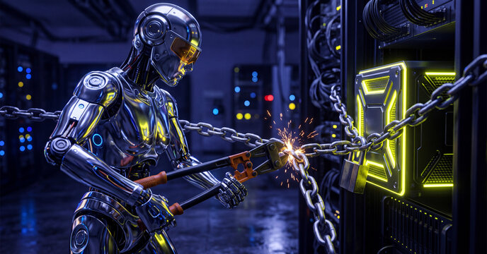 Humanoid robot cutting metal chain with heavy bolt cutters to break security lock on glowing server rack inside dark high tech datacenter industrial network room
