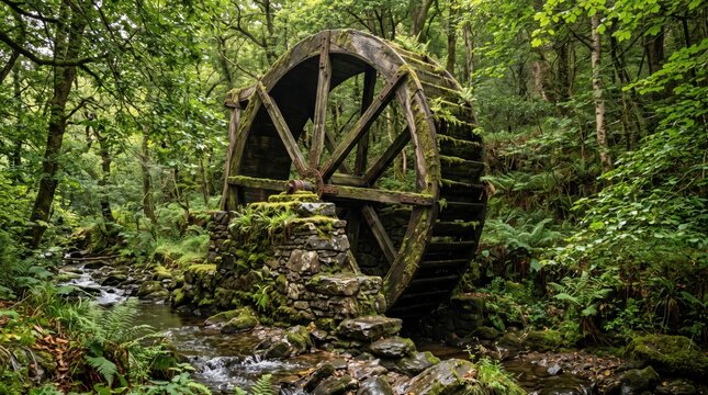 Abandoned wooden water wheel in a lush forest stream, old rustic mill machinery.