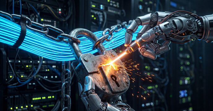 Robotic hand cutting metal padlock with a welding laser inside a dark server room surrounded by bright glowing blue fiber optic data cables and hardware
