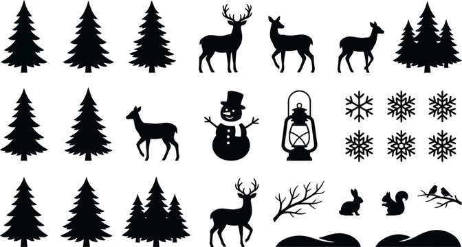 Christmas winter holiday silhouette icon set with trees deer snowman and snowflakes