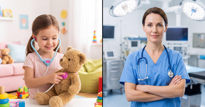 Doctor and little girl playing patient with teddy bear showing contrast between childhood dream and professional medical reality in bright clean hospital and playroom interior