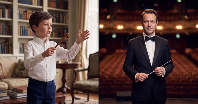 Orchestra conductor split screen composition comparing a talented young boy practicing in a home library against a professional adult man standing inside a grand theater