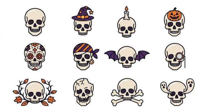Colorful Halloween Skull and Bat Illustrations Collection.