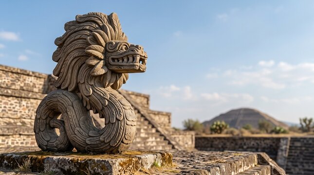 Stone Feathered Serpent Statue of Quetzalcoatl at Ancient Teotihuacan Archaeological Site