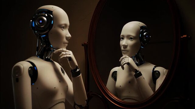 White humanoid android sitting thoughtfully in front of oval wooden mirror, observing its reflection, contemplating identity under dim atmospheric warm lighting in dark room setting.