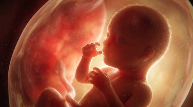 A breathtaking 3D visualization of a 17-18 week human fetus resting in the womb. Delicate details like fine lanugo hair, tiny fingers, and the umbilical cord are beautifully illuminated.