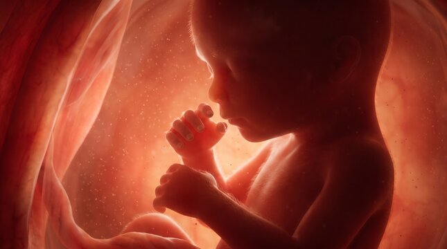 A breathtaking 3D visualization of a 17-18 week human fetus resting in the womb. Delicate details like fine lanugo hair, tiny fingers, and the umbilical cord are beautifully illuminated.
