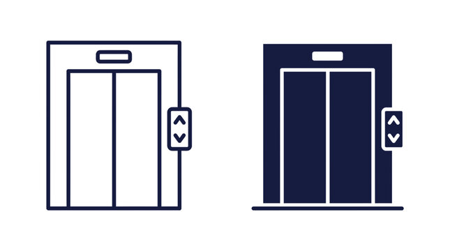 Minimalist elevator icons featuring dark blue outline and solid fill designs for modern graphic user interfaces
