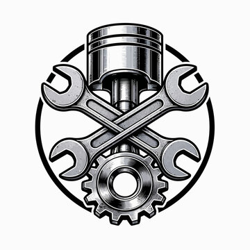 A stylized illustration of a piston, two crossed wrenches, and a gear, symbolizing mechanical engineering and automotive repair.