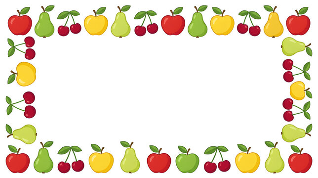 Graphic fruit border with colorful apples, pears and cherries, clean flat vector style, white background, balanced composition, no text