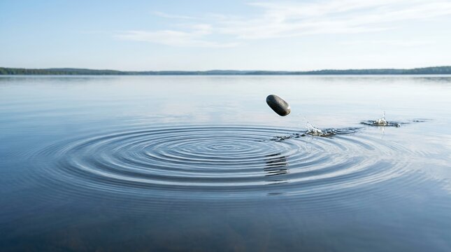 Stone skipping across calm lake water creating ripples.