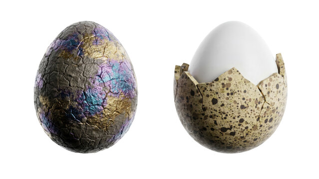 Cracked iridescent textured egg alongside a speckled eggshell with a smooth white egg emerging from inside isolated on a transparent background