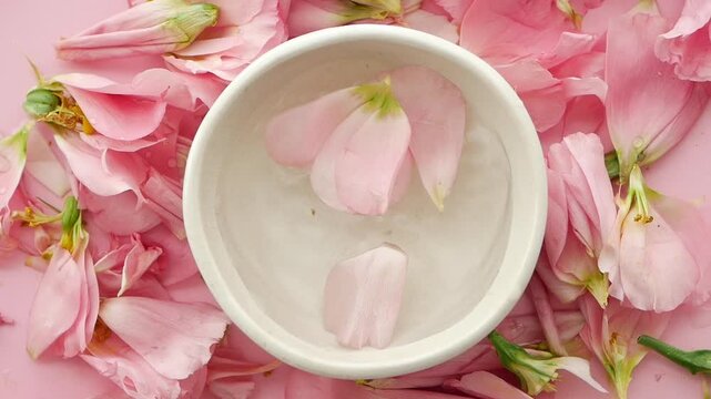 Pink rose petals float in water inside a round dish